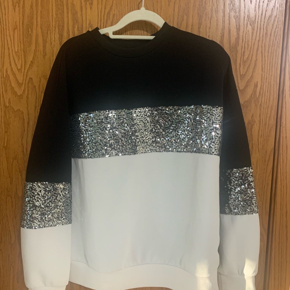 Black & White Sequin Block Pullover Sweatshirt